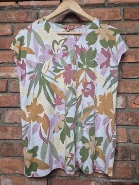 IYLA Linen Blend Floral Botanical Tee Top Large Cottagecore Boho Relaxed